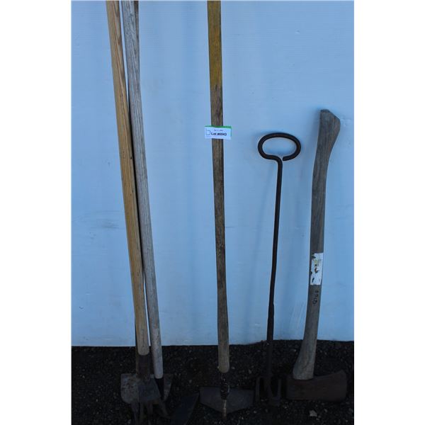 ** Garden Tools: Tiller, Hoes, Axe, Branding Iron
