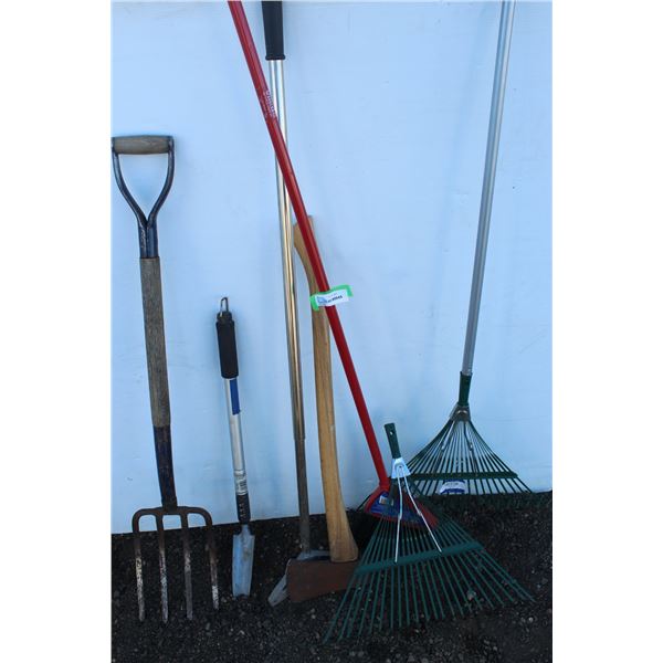 ** Broom, (2) Rack Heads, Floor Scraper, Small Garden Shovel, & Potato Shovel & Axe