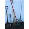 Image 1 : ** Broom, (2) Rack Heads, Floor Scraper, Small Garden Shovel, & Potato Shovel & Axe