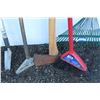 Image 3 : ** Broom, (2) Rack Heads, Floor Scraper, Small Garden Shovel, & Potato Shovel & Axe