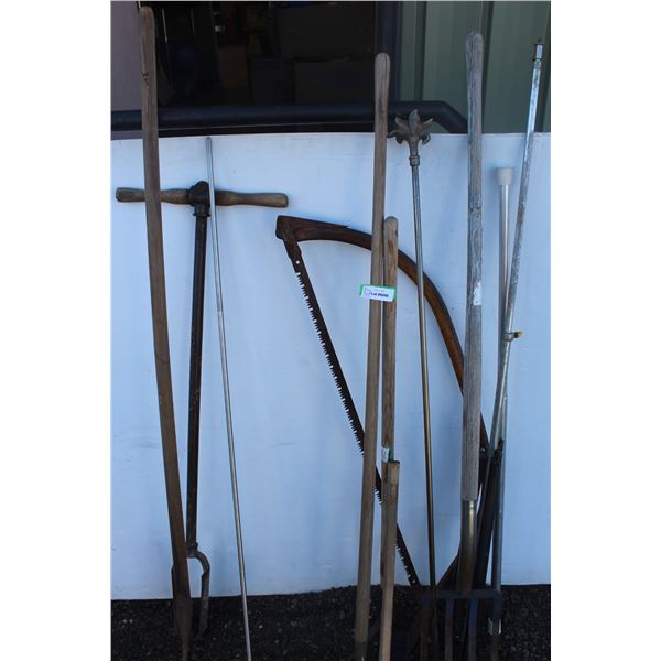 ** Bow Saw & Post Hole Auger, Potato Fork, Misc.