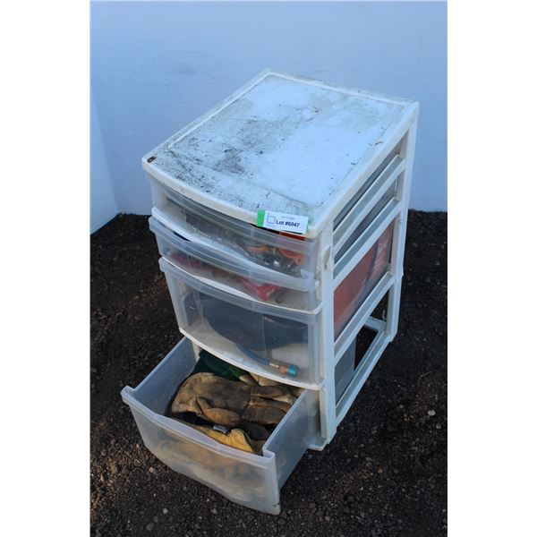 ** Four Drawer Organizer w/ Contents: Battery Warmers, Gauges, Household Tools, Gloves)