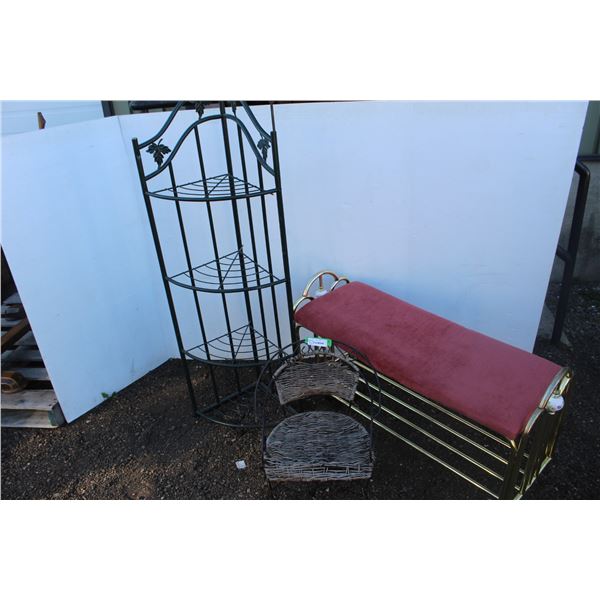 ** Hallway Brass Bench & Four Tier Metal Corner Shelving Unit & Wicker and Metal Decor Chair