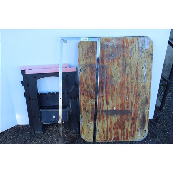 ** (2) Plastic Saw Horse, Folding Wood Table w/Metal Legs - 45" x 30" & Metal Base - 15" x 46.5"