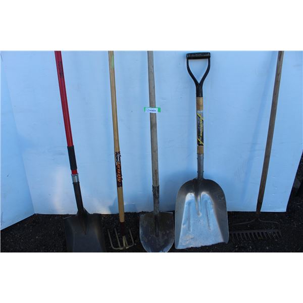 ** Aluminum Grain Shovel, Spade, Square Mouth Shovel & (2) Rakes