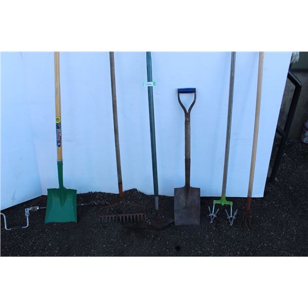 ** Rake, Brace Auger, Hoe, (2) Square Mouth Spades, (2) Tillers
