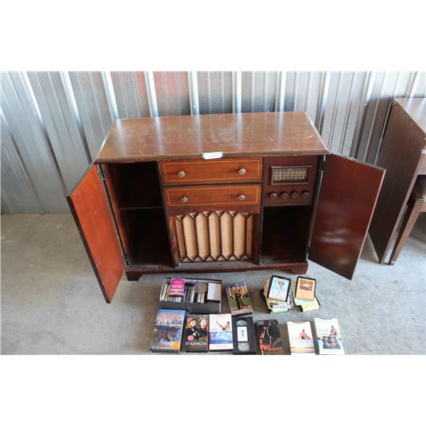 ***Vintage Viking Floor Model Record Player & Radio Cabinet w/8-Tracks, VHS & Contents