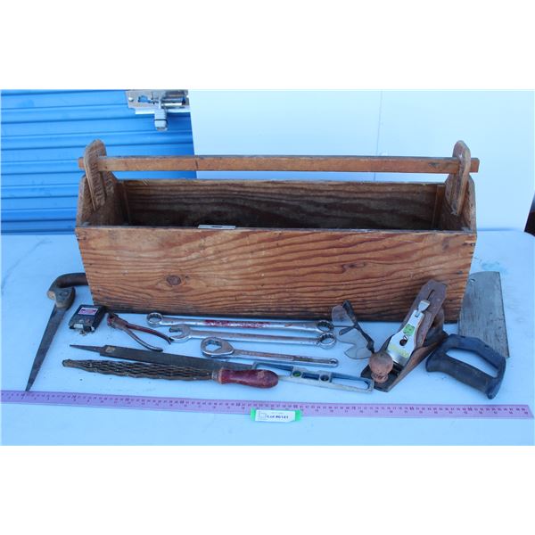 ***Wooden Carpenter's Tool Box w/Contents (Wood Plane, Rasps, Saw, Measuring Tape, Misc.)