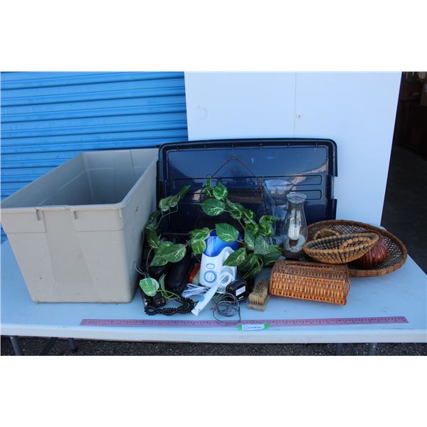 ***Storage Tote w/ Wicker Items, Faux Ivy Plant, Glass Vases, Water Pic Flosser, Telephones, Misc.