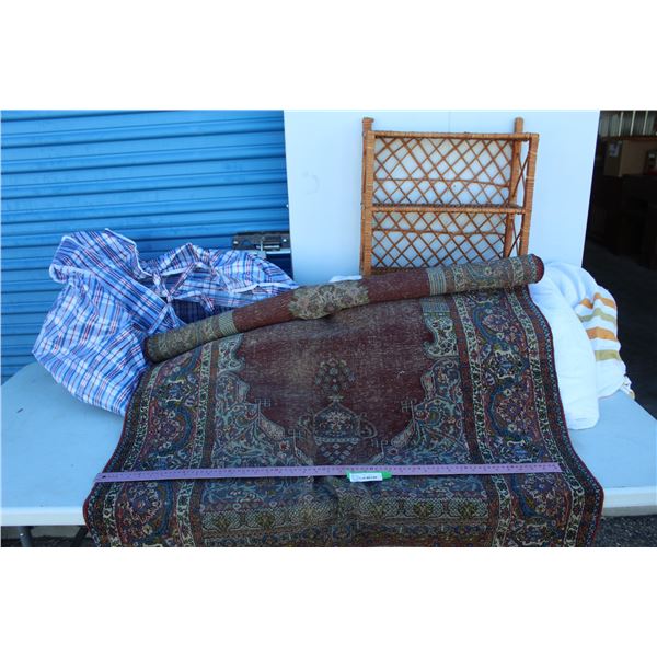 ***Wicker Stand - 18" x 6" x 17" Tall & Assorted Bed Sheets (Some Staining) & Hallway Rug - Some Wea