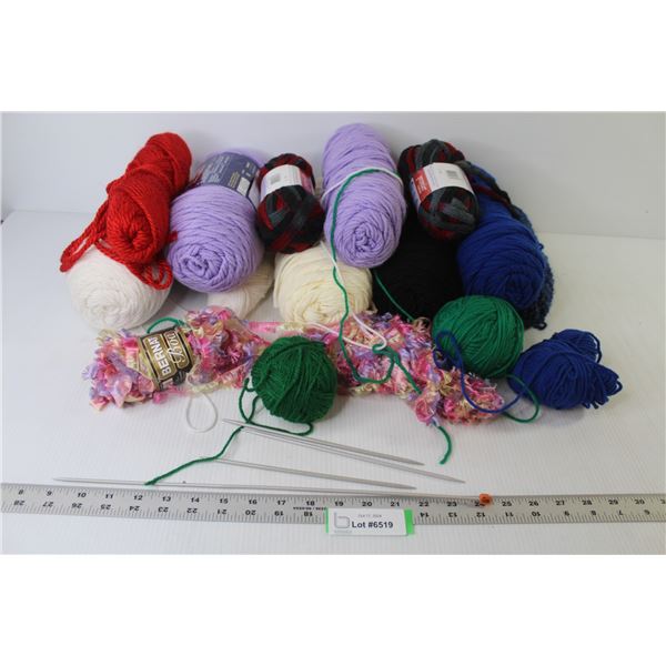 (16) Balls of Yarn - (4) Knitting Needles