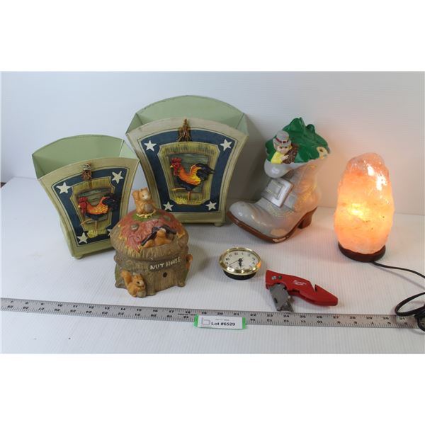 Tin Rooster Containers - Ceramic Nut House - Ceramic Elf Boot Bank - Salt Rock Lamp - Milwaukee Util