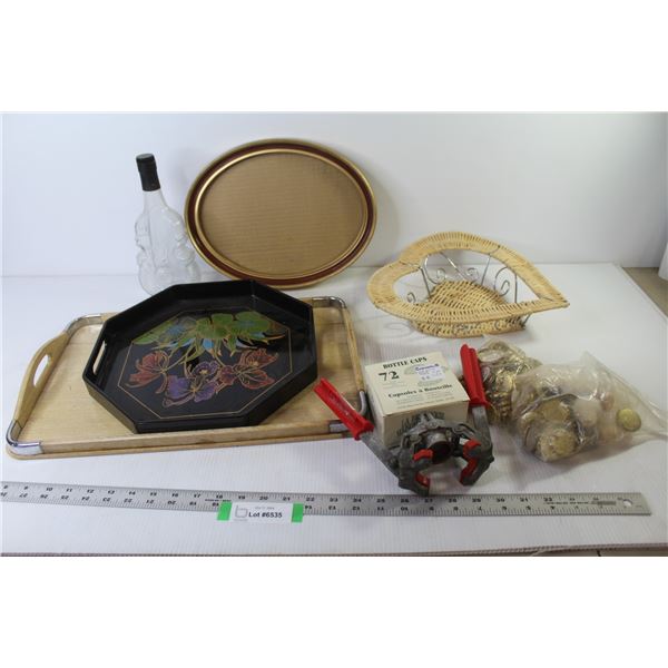 Oval Frame - Woven Heart Metal Wire Basket - Bottle Caper w/Caps & Corks - (2) Trays w/Handles