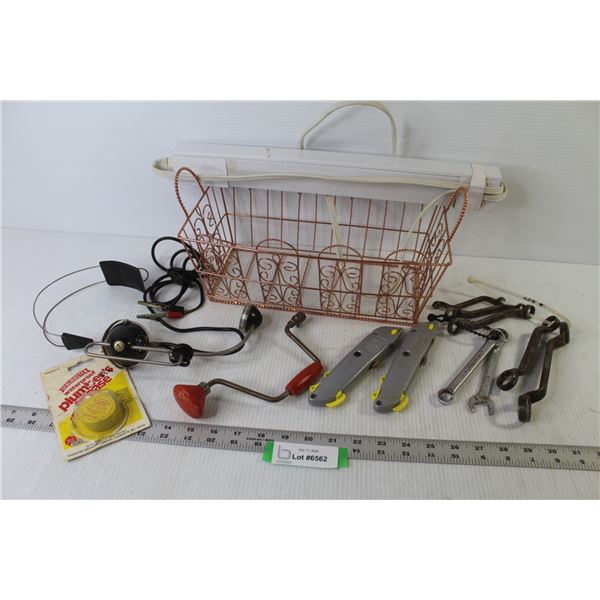 Wire Basket - Light Bar (as is) - (2) Stanley Knives - Wrenches - Mini Hand Drill - Vintage Head Set