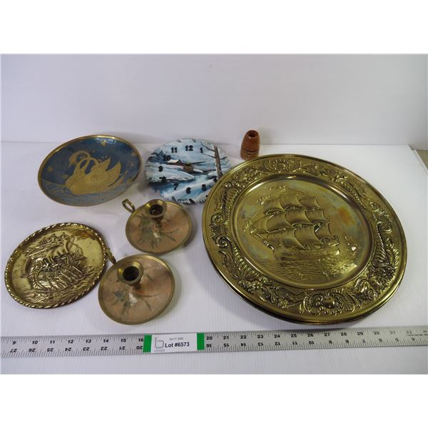 (3) Stamped Metal Tin Plates with Ships, Swimming Swans Brass Pedestal Footed Bowl,(2) Brass Candle 