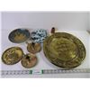 Image 1 : (3) Stamped Metal Tin Plates with Ships, Swimming Swans Brass Pedestal Footed Bowl,(2) Brass Candle 