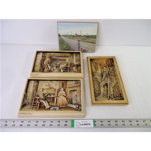 (3) Vintage 3D Wall Plaques( 2 are 9.5'x6" other is6"x9"and "Every Bottle Counts" Picture (7.5"x6)