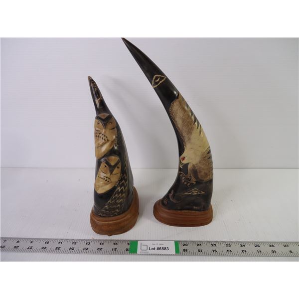 Twin Owl and Eagle Hand Carved and Painted on a Buffalo Horn