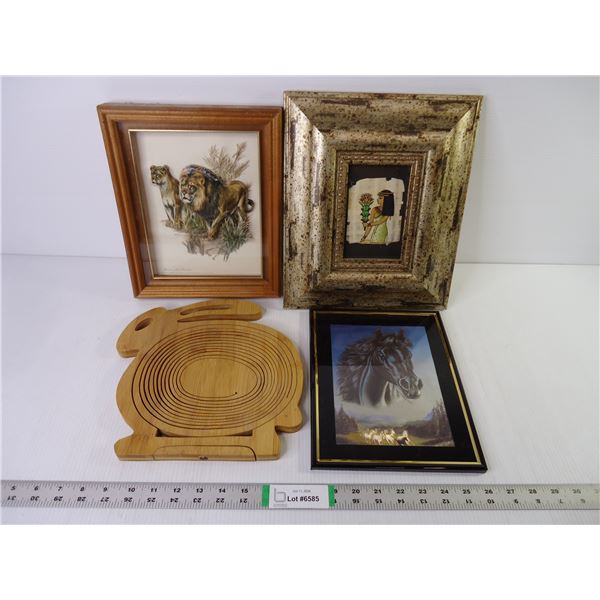 (3) Framed Pictures and Bamboo Folding Fruit Basket