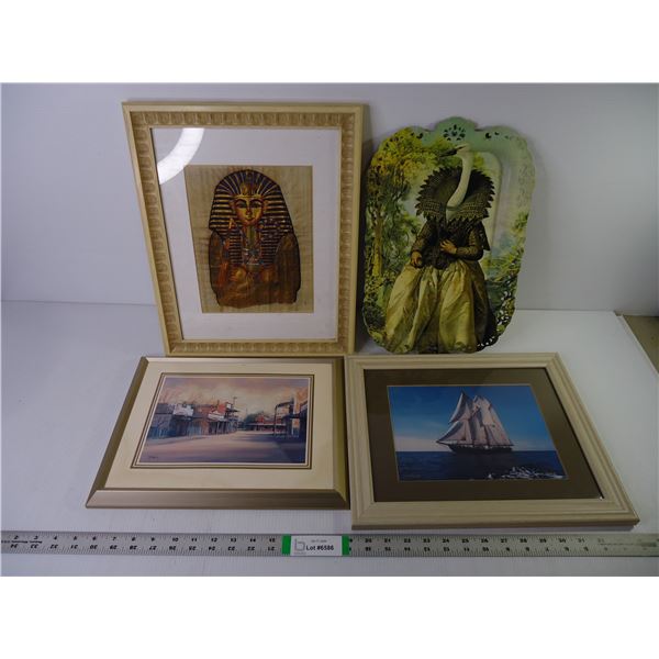 (3) Framed Pictures and Decorative Tray