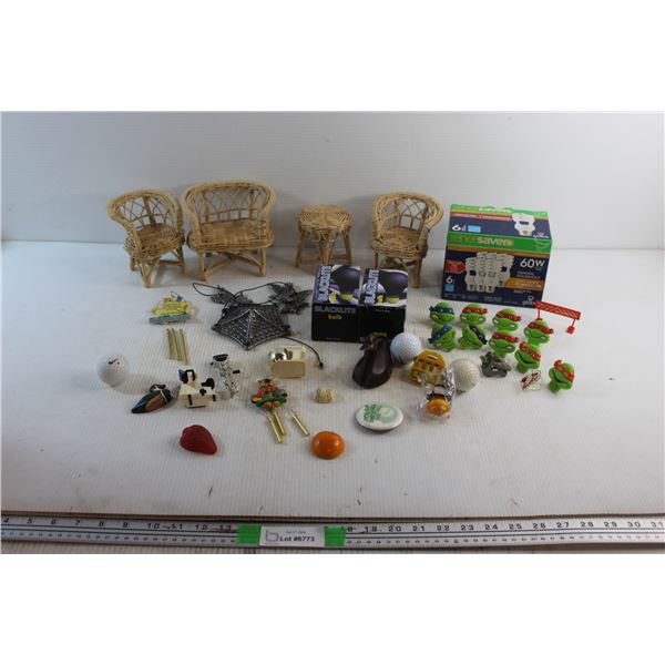 Woven Miniature Home Decor, Black Light Bulbs. Ninja Turtles Rings, Fridge Magnets and Assorted Item
