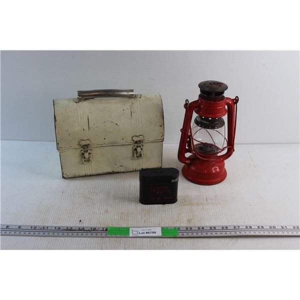 Kerosene Lantern, Thermos Lunch Box and Tin