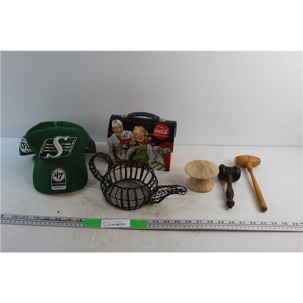Coca Cola Lunch Box, Saskatchewan Roughriders Cap, Judges Hammer, Kettle Ornament and Assorted Items