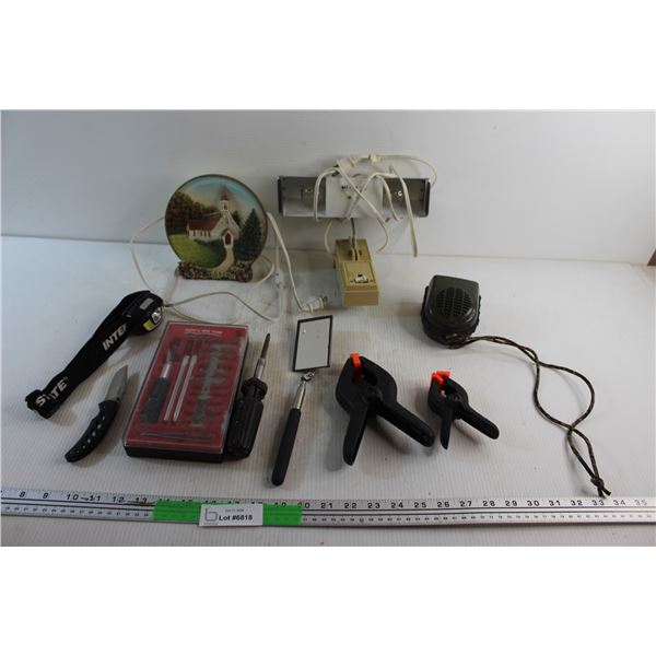 Telescopic Mirror, Lamp, Folding Knife, Pocket & Desk Stone Set, Multi Screwdriver and Misc.