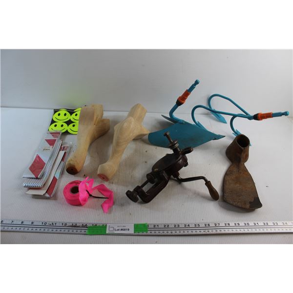 Reflective Stickers. Garden Attachments, Bench Malt Grinder, Wooden Table Legs and Assorted Items