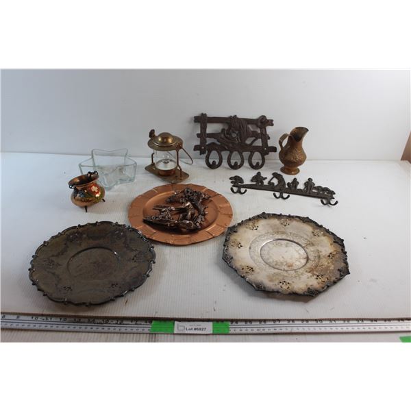 Copper Creamer, Lantern, Decorative Silver Plates, Clothes Racks and Misc.