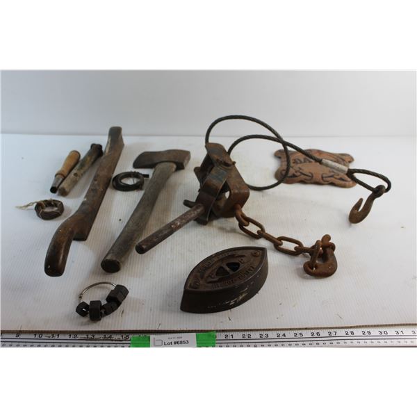 Come Along Winch, Axe, Metal File, Vintage Iron Base, Wall Decor and Misc.
