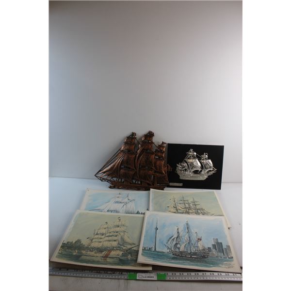 Ship Wall Decor and (4) Ship Prints 14'' x 12''
