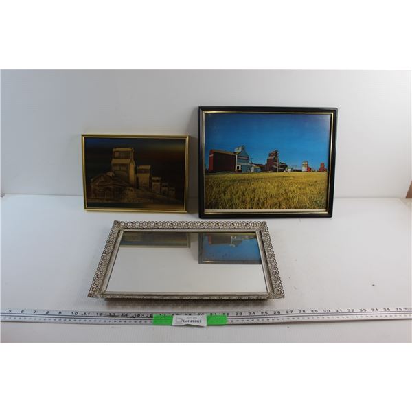 Framed Grain Elevators Wall Decor and Framed Mirror 16'' x 11''