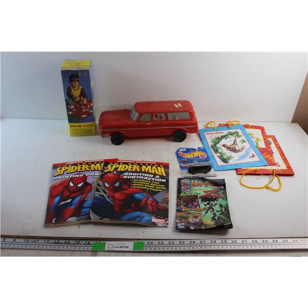 Spider Man Learning Books, Sta-Lox Bricks, Toy Car, Hot Wheels Camaro Z28 and Gift Bags