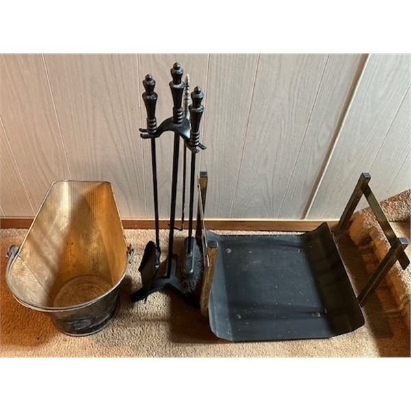 Fireplace Tools - cast iron accessories (Brush, Shovel, Poker) on cast stand, as well as sturdy log