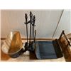 Image 1 : Fireplace Tools - cast iron accessories (Brush, Shovel, Poker) on cast stand, as well as sturdy log