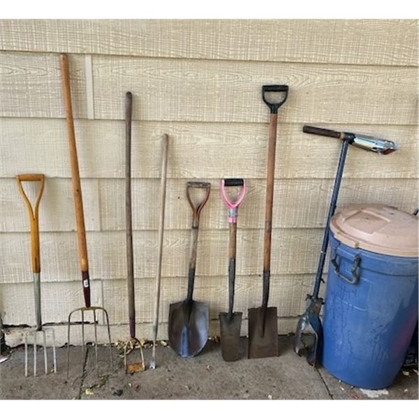 (10) Garden Tools - 8-ft. wooden ladder, quality plastic waste bin with lid, post-hole digger, shove