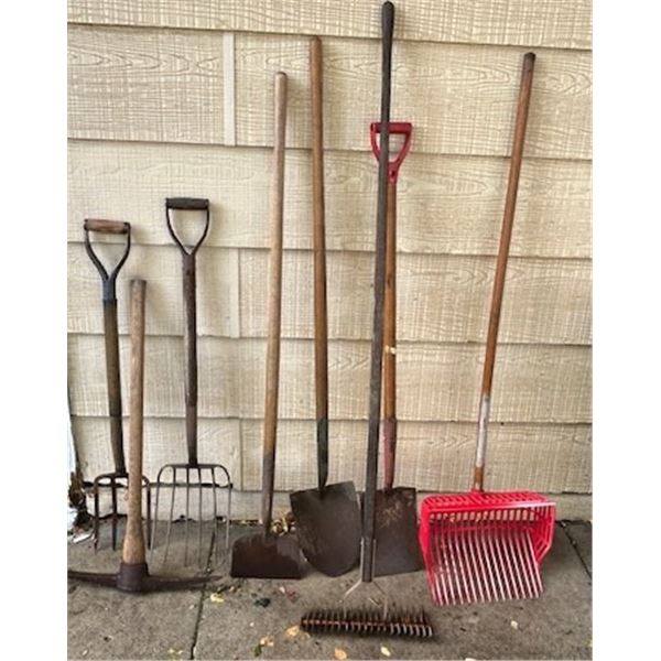 (10) Yard Tools - vintage pickaxe, unique rakes, forks, edging hoe, shovels