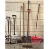 Image 1 : (10) Yard Tools - vintage pickaxe, unique rakes, forks, edging hoe, shovels
