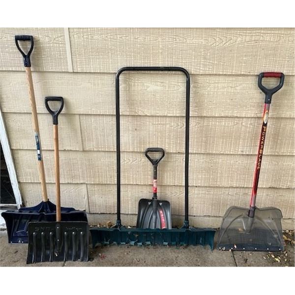 (5) Plastic Snow Shovels -  hardwood handles - singles, doubles, telescoping - many varieties.