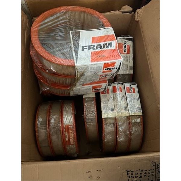 Box of 16 brand-new sealed Fram engine air filters - various types: 324A, 136, 127, 327A, and more.