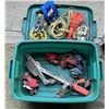 Image 1 : Plastic storage tub containing various tow straps and come-alongs
