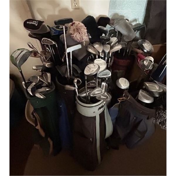 Massive Golf Club and Bag Lot: 10 golf bags all containing a variety of clubs: putters, irons, drive
