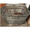 Image 1 : Vintage large metal tub containing 3 heavy duty chains with hooks: 1' chain with 2 hooks, 15' chain