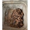 Image 2 : Vintage large metal tub containing 3 heavy duty chains with hooks: 1' chain with 2 hooks, 15' chain