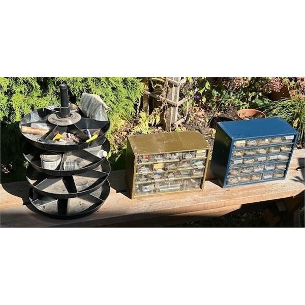 (3) quality Bin Organizers: 1 round plastic rotating (12"D x 19" H) and 2 metal cubed (8.5" x 12", 9