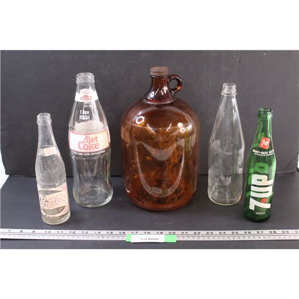(5) Vintage Glass Bottles: 7 Up, Pepsi, Diet Coke, Ketchup, Root Beer Jug