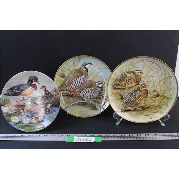 (3) Hunting Birds Collector Plates: (2) Franklin Porcelain & (1) Knowles: Stands Included
