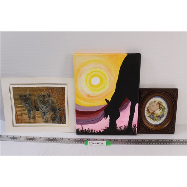 (3) Pictures: Pressed Foil, Cross Stitch, Horse - Various Sizes