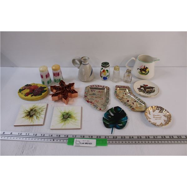 Lot: Huntsman Creamer & Plate, Vintage Salt & Pepper Shakers, Coasters Snowflake Cookie Cutters Set,